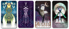 Four Arcanaless tarot booster cards featuring skeletal, anatomical, owl and Three of Forks imagery