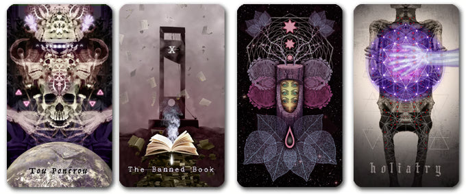 Arcanaless cards Tou Poneru, The Banned Book and two abstract symbolic tarot booster cards