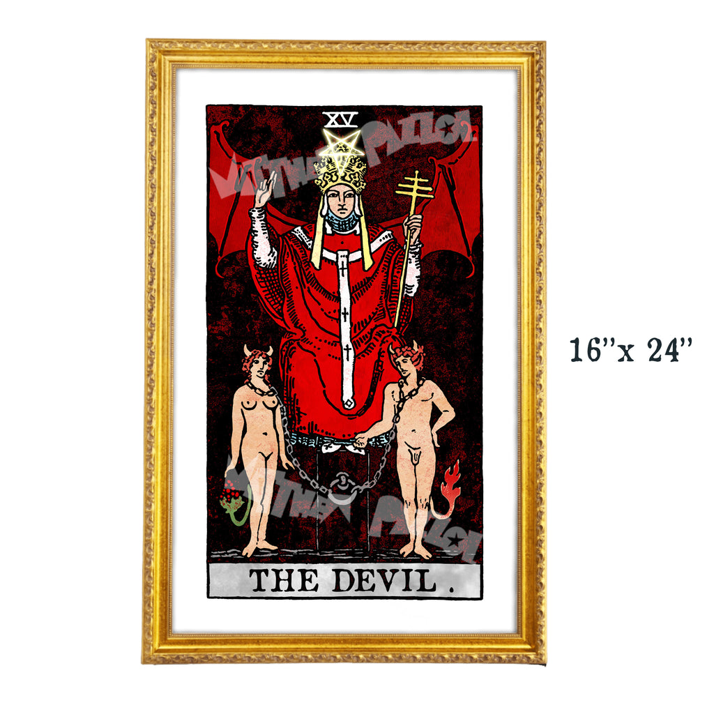 The Devil tarot-inspired 16x24 fine art print by Matthew Pazzol, featuring a crowned religious figure above two horned chained figures in bold red and black tones.