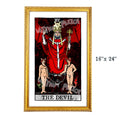 The Devil tarot-inspired 16x24 fine art print by Matthew Pazzol, featuring a crowned religious figure above two horned chained figures in bold red and black tones.