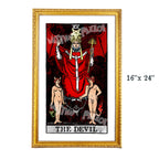 The Devil tarot-inspired 16x24 fine art print by Matthew Pazzol, featuring a crowned religious figure above two horned chained figures in bold red and black tones.