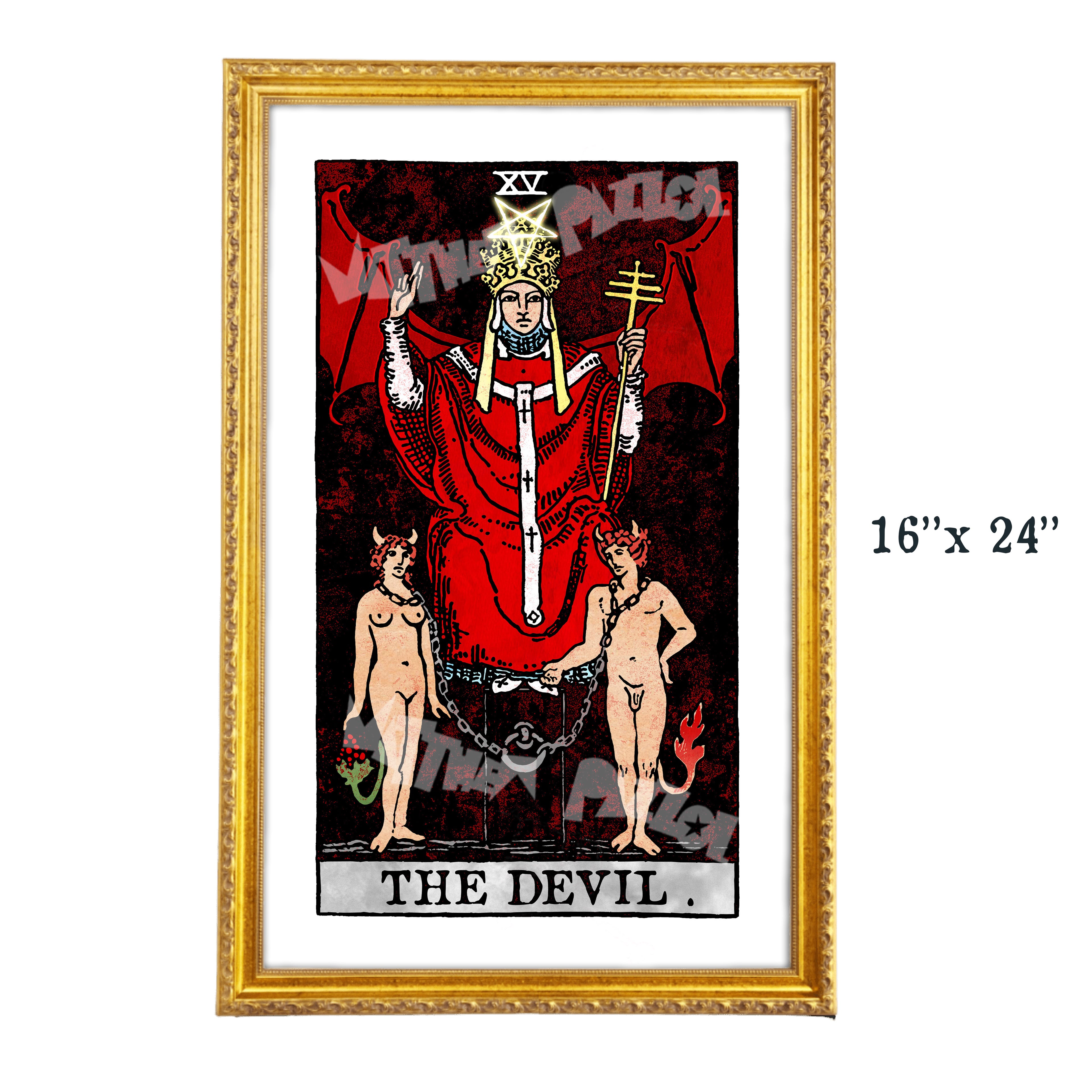 The Devil tarot-inspired 16x24 fine art print by Matthew Pazzol, featuring a crowned religious figure above two horned chained figures in bold red and black tones.