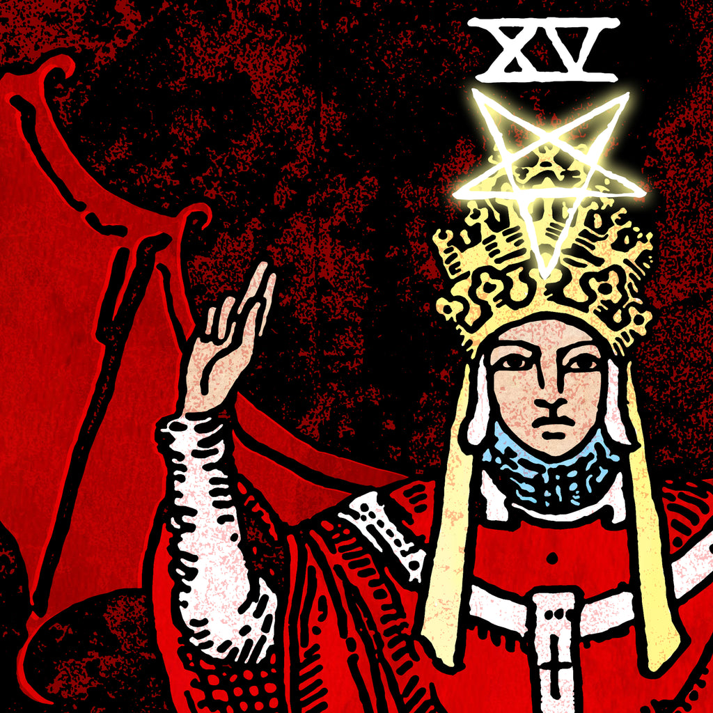 Close-up detail of The Devil tarot-inspired fine art print by Matthew Pazzol, featuring a crowned figure beneath a glowing pentagram against a red and black background.