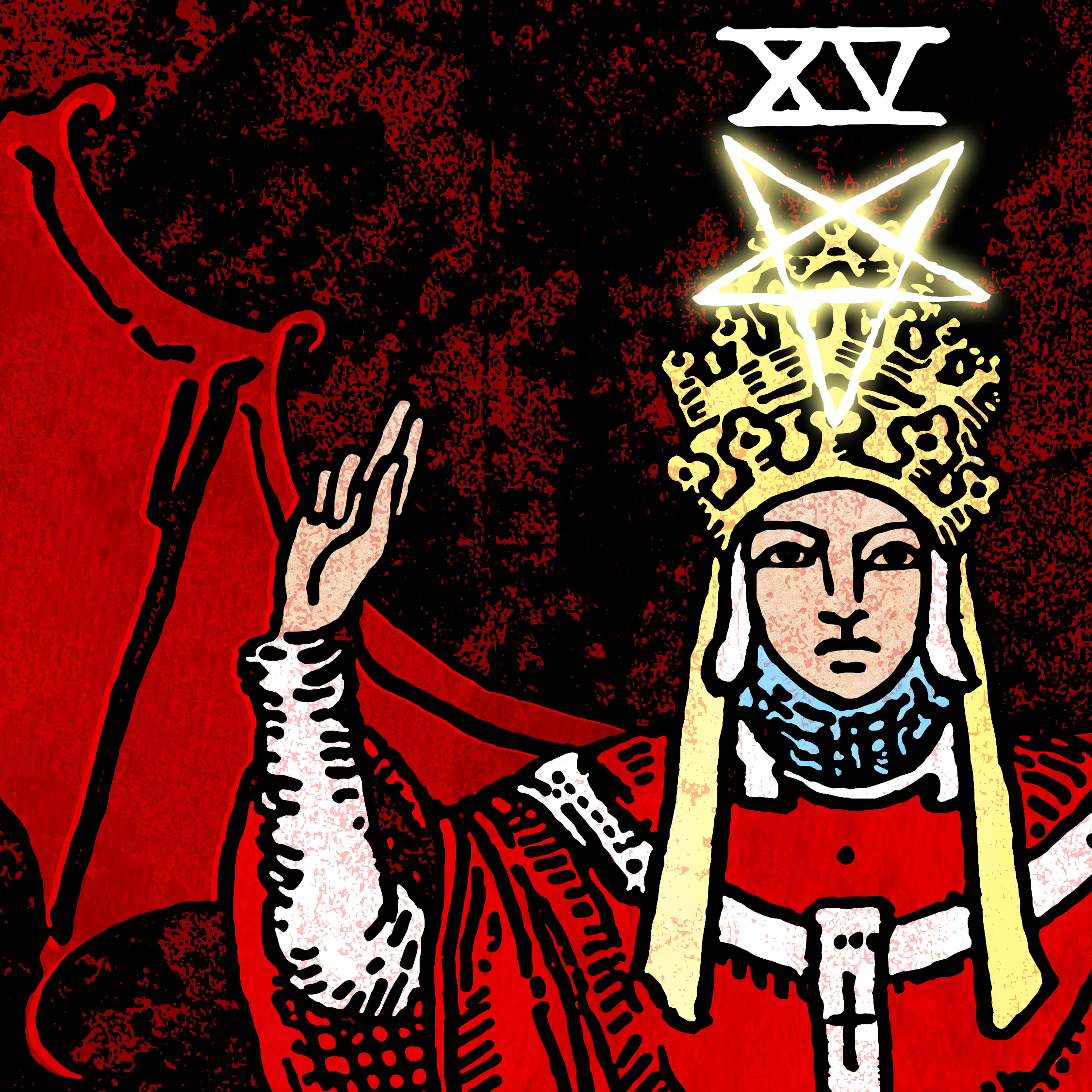 Close-up detail of The Devil tarot-inspired fine art print by Matthew Pazzol, featuring a crowned figure beneath a glowing pentagram against a red and black background.