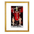 The Devil tarot-inspired fine art print by Matthew Pazzol, featuring a crowned religious figure above two horned chained figures in bold red and black tones.