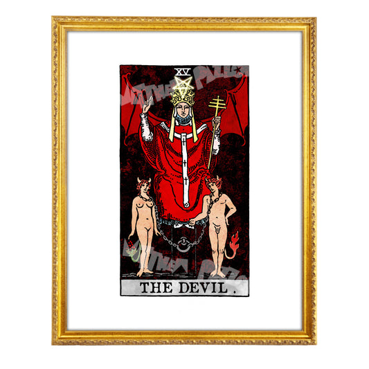 The Devil tarot-inspired fine art print by Matthew Pazzol, featuring a crowned religious figure above two horned chained figures in bold red and black tones.