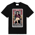 Black graphic T-shirt featuring The Emperoress tarot card, with a glamorous Dr. Frank-N-Furter seated on a stone throne.