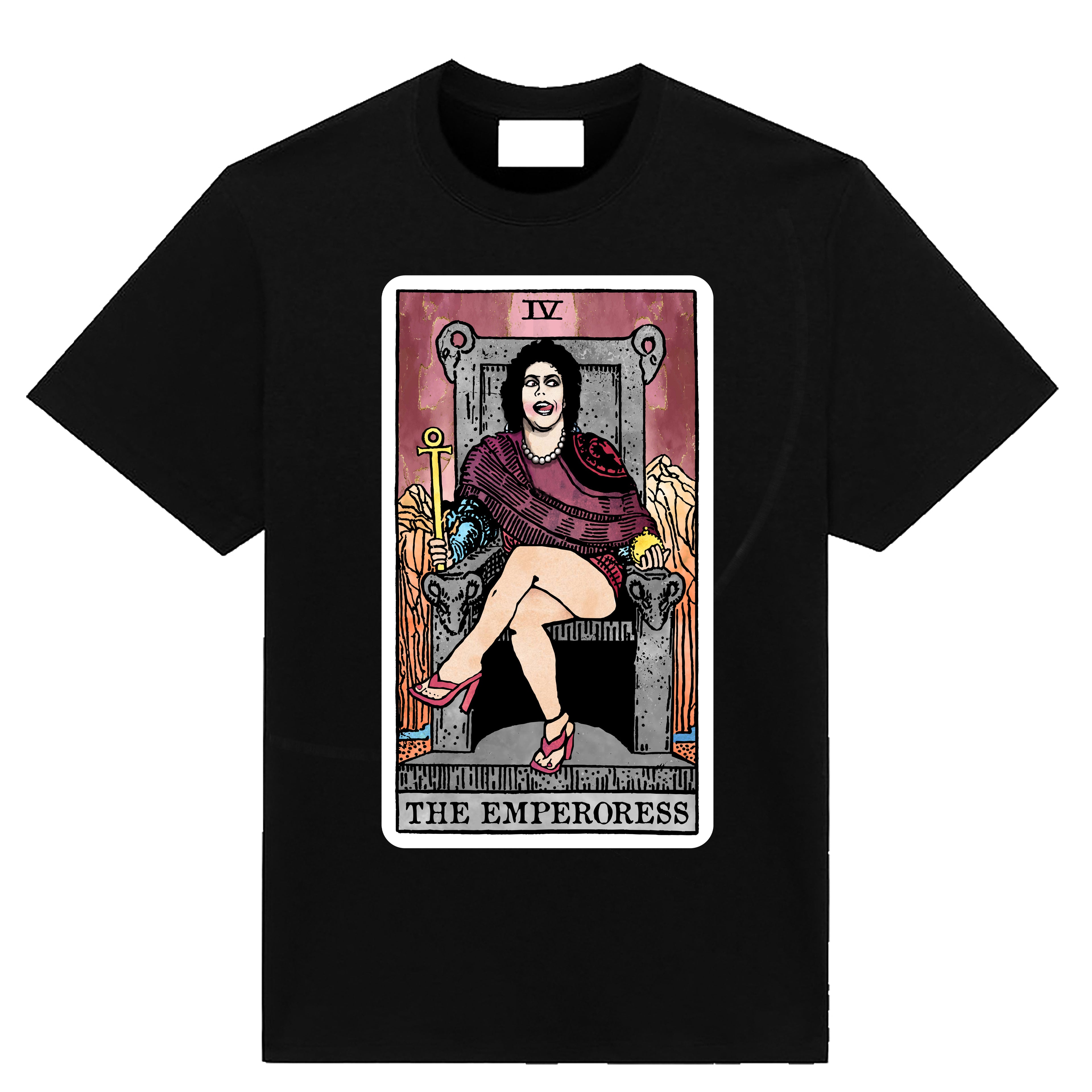 Black graphic T-shirt featuring The Emperoress tarot card, with a glamorous Dr. Frank-N-Furter seated on a stone throne.