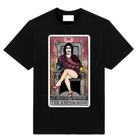 Black graphic T-shirt featuring The Emperoress tarot card, with a glamorous Dr. Frank-N-Furter seated on a stone throne.