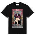 Black T-shirt featuring a funny tarot card parody titled “The Emperoress,” showing a satirical twist on the classic Emperor tarot card design.