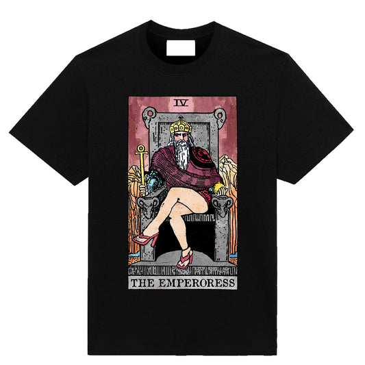 Black T-shirt featuring a funny tarot card parody titled “The Emperoress,” showing a satirical twist on the classic Emperor tarot card design.