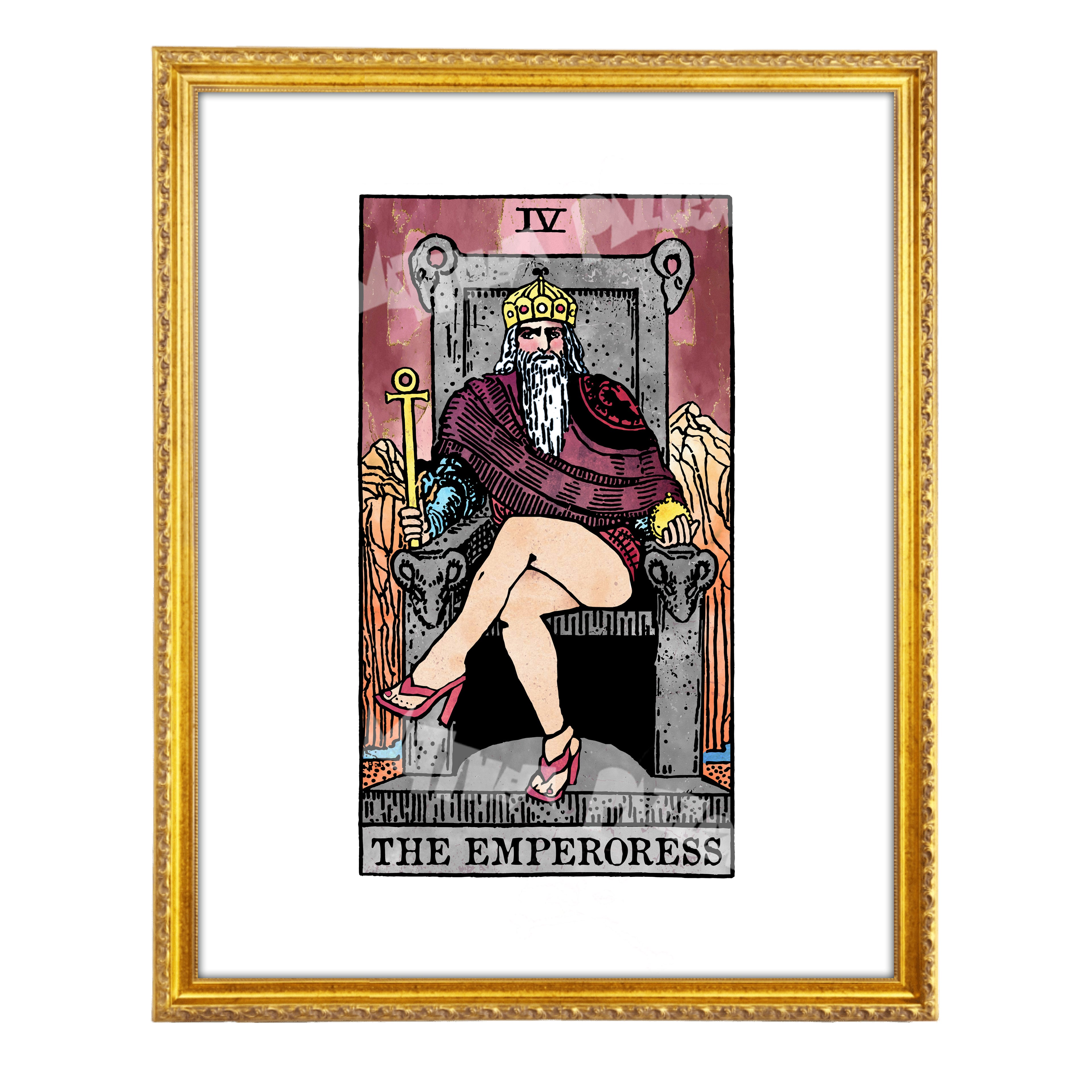 The Emperoress tarot-inspired fine art print by Matthew Pazzol, featuring a crowned bearded ruler seated on a stone throne in robes, pearls, and pink heels.