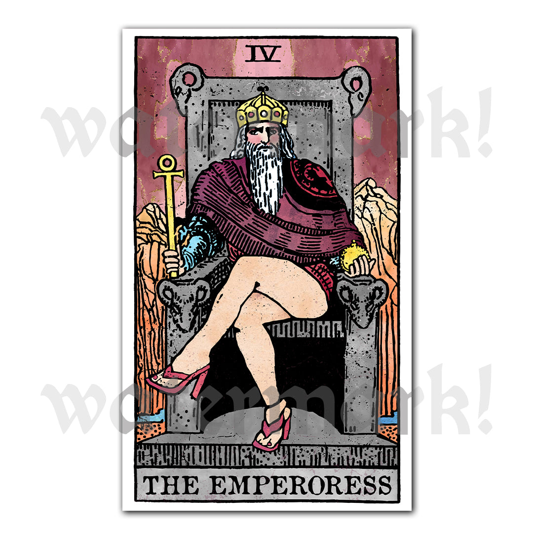 Tarot card vinyl sticker featuring The Emperoress seated on a throne, reimagined with bold colors and unconventional symbolism.