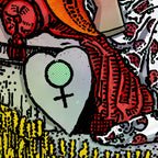 Close-up detail of The Empress tarot-inspired fine art print by Matthew Pazzol, featuring a Venus symbol, flowing red fabric, floral patterns, and vivid pop-art textures.
