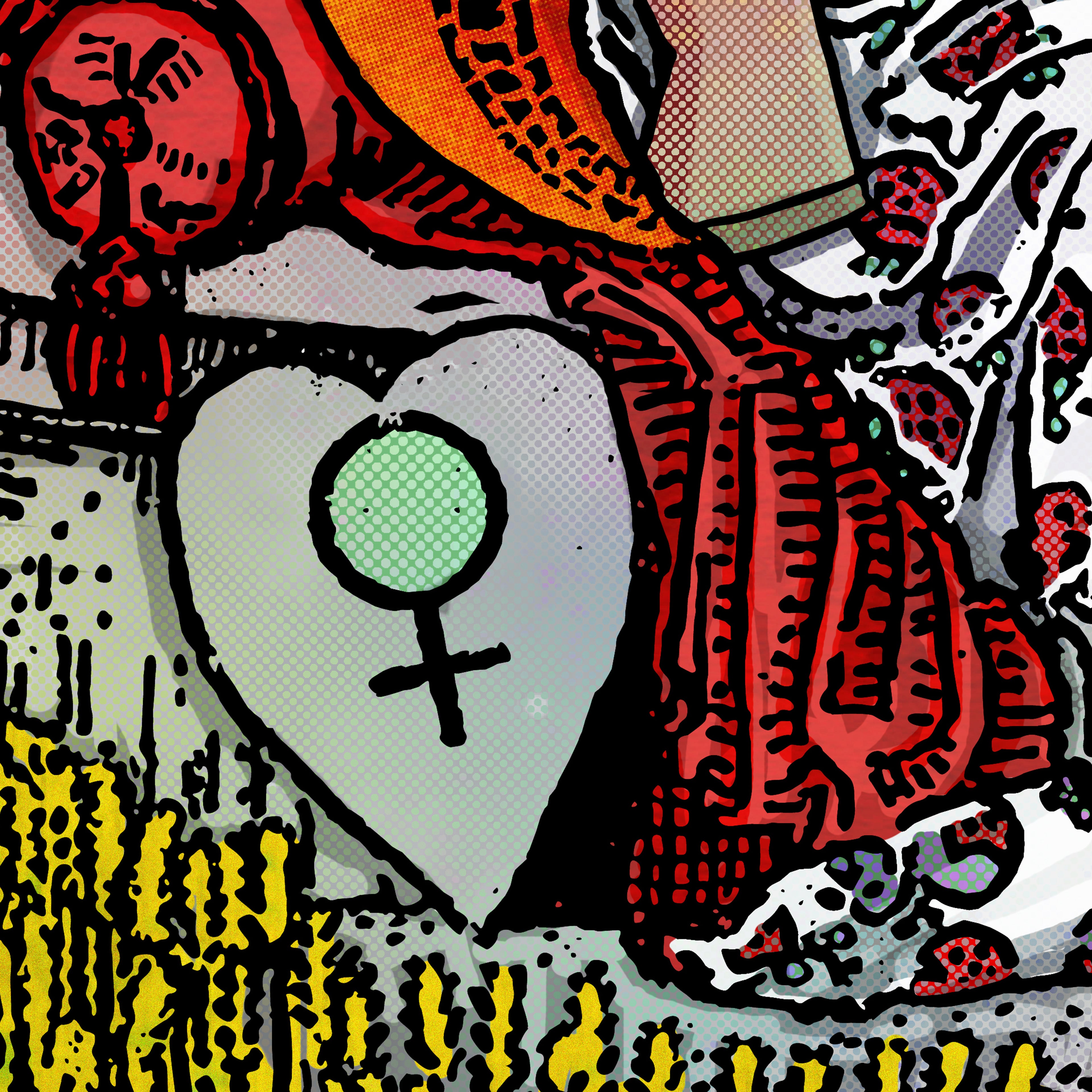 Close-up detail of The Empress tarot-inspired fine art print by Matthew Pazzol, featuring a Venus symbol, flowing red fabric, floral patterns, and vivid pop-art textures.