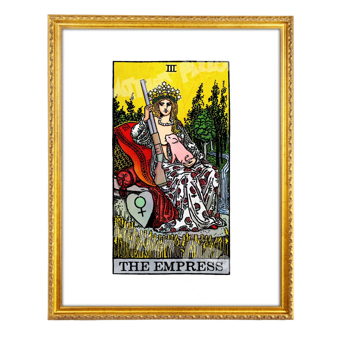 The Empress tarot-inspired fine art print by Matthew Pazzol, featuring a crowned figure seated with a pig and holding a shotgun against a bright yellow background.