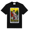 Black t-shirt featuring a warped tarot parody illustration of The Empress card with modern satirical details, printed artwork by Neesh Labs
