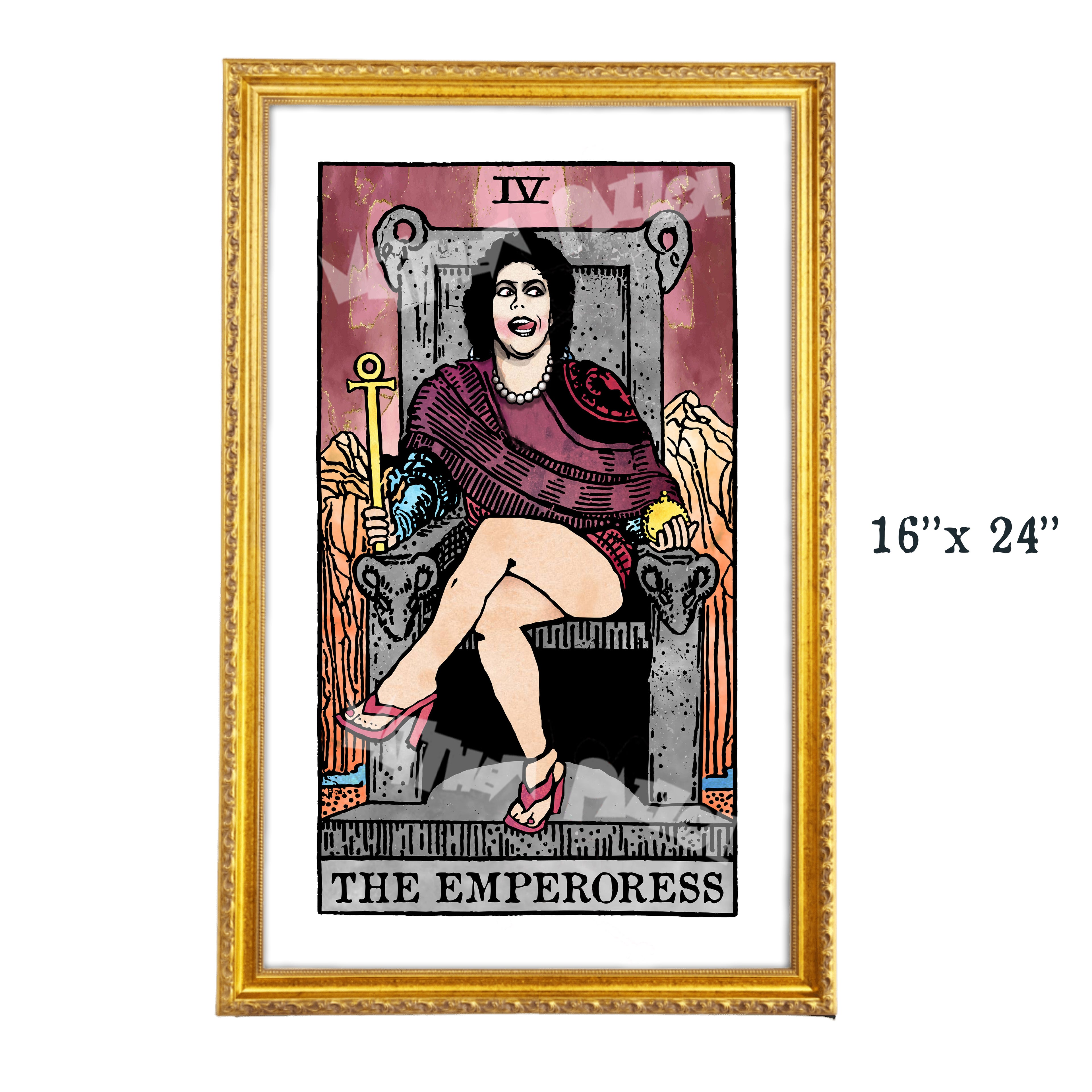 The Frank Emperoress tarot parody 16x24 fine art print by Matthew Pazzol, featuring a theatrical crowned figure seated on a stone throne in pearls and pink heels.