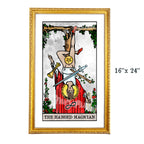 The Hanged Magician tarot-inspired 16x24 fine art print by Matthew Pazzol, featuring an upside-down figure above a red-robed magician with a sword, wand, cup, and pentacle.