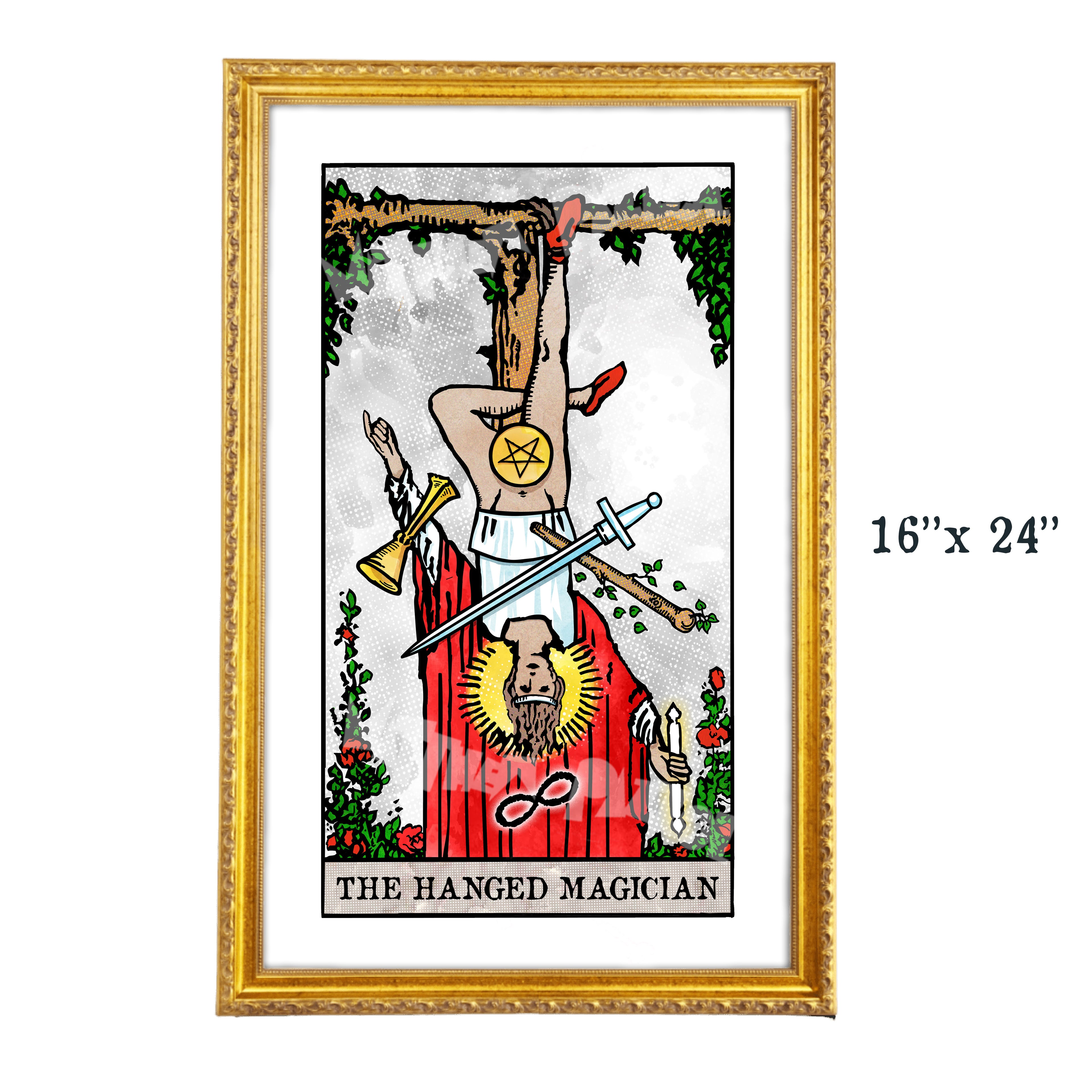 The Hanged Magician tarot-inspired 16x24 fine art print by Matthew Pazzol, featuring an upside-down figure above a red-robed magician with a sword, wand, cup, and pentacle.