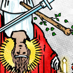 Close-up detail of The Hanged Magician tarot-inspired fine art print by Matthew Pazzol, featuring an upside-down figure, crossed swords, falling leaves, and a glowing halo.