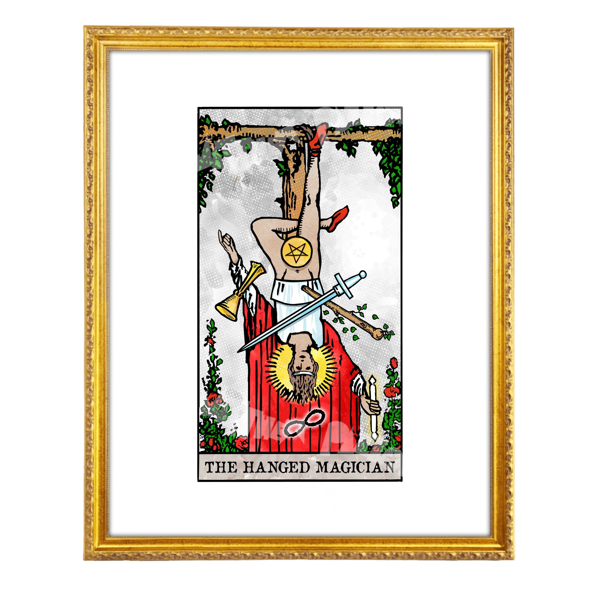 The Hanged Magician tarot-inspired fine art print by Matthew Pazzol, featuring an upside-down figure above a red-robed magician with a sword, wand, cup, and pentacle.