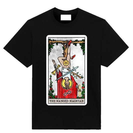 The Hanged Magician tarot t-shirt featuring a satirical Major Arcana illustration