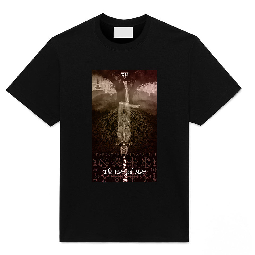 The Hanged Man Tarot T-Shirt by Neesh Labs featuring original occult tarot artwork.
