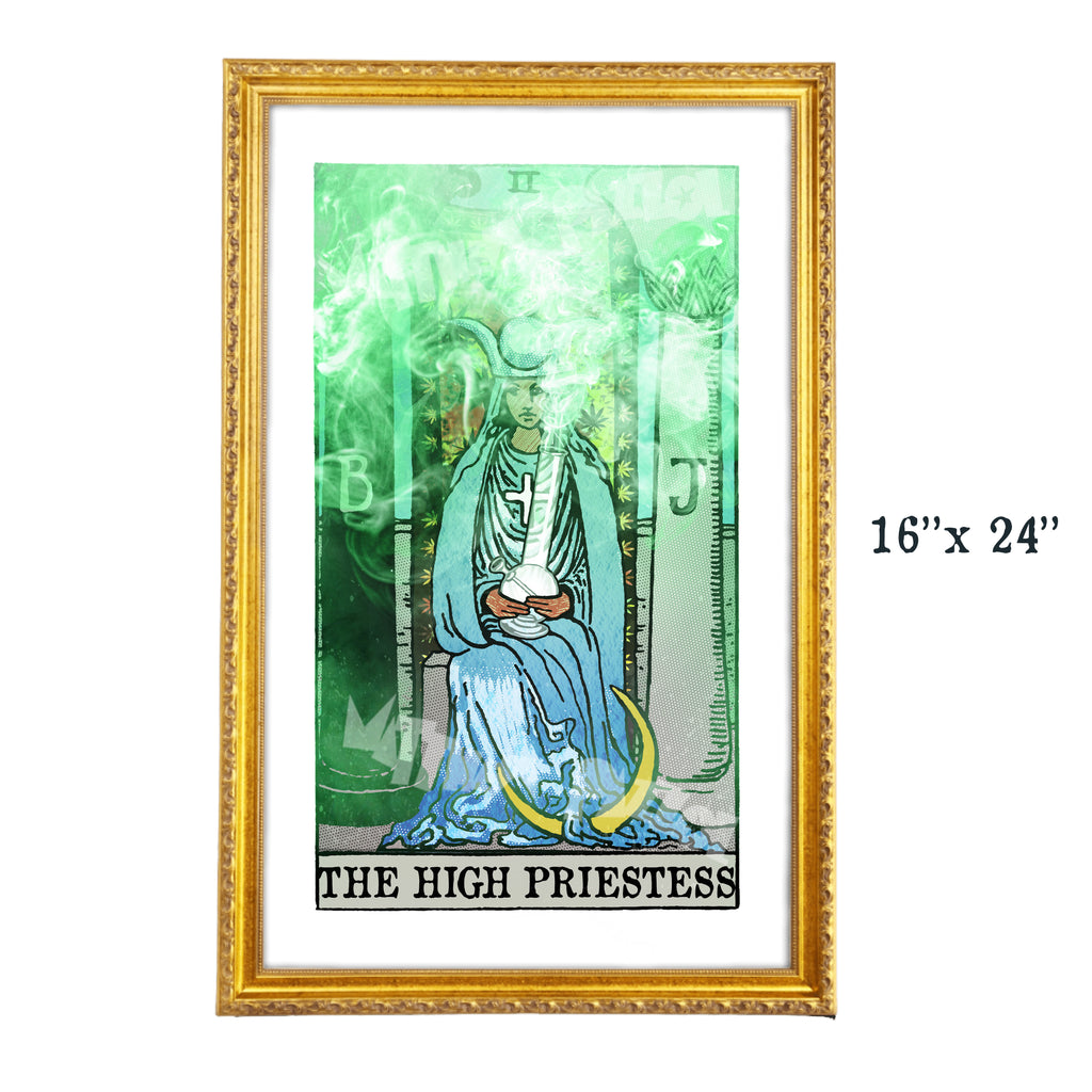 The High Priestess tarot-inspired 16x24 fine art print by Matthew Pazzol, featuring a seated mystical figure holding a smoking vessel amid green haze and occult symbols.