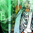 Close-up detail of The High Priestess tarot-inspired fine art print by Matthew Pazzol, featuring a smoky green scene, a mysterious figure, cannabis leaves, and a glass bong.