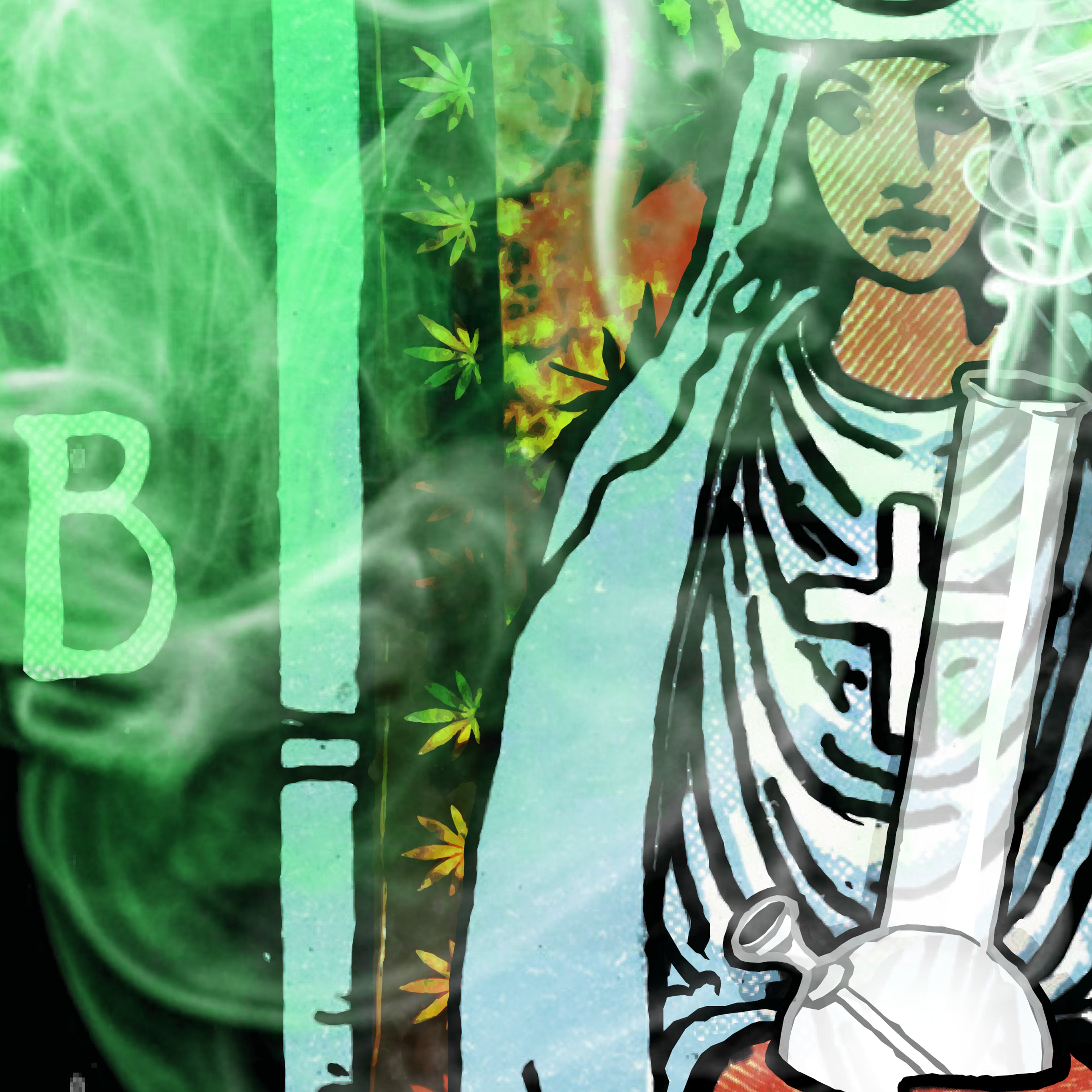 Close-up detail of The High Priestess tarot-inspired fine art print by Matthew Pazzol, featuring a smoky green scene, a mysterious figure, cannabis leaves, and a glass bong.
