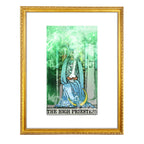The High Priestess tarot-inspired fine art print by Matthew Pazzol, featuring a seated mystical figure holding a smoking vessel amid green haze and occult symbols.