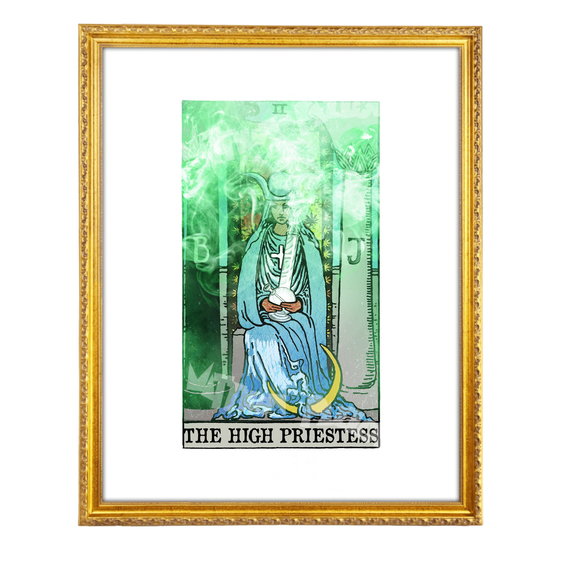 The High Priestess tarot-inspired fine art print by Matthew Pazzol, featuring a seated mystical figure holding a smoking vessel amid green haze and occult symbols.