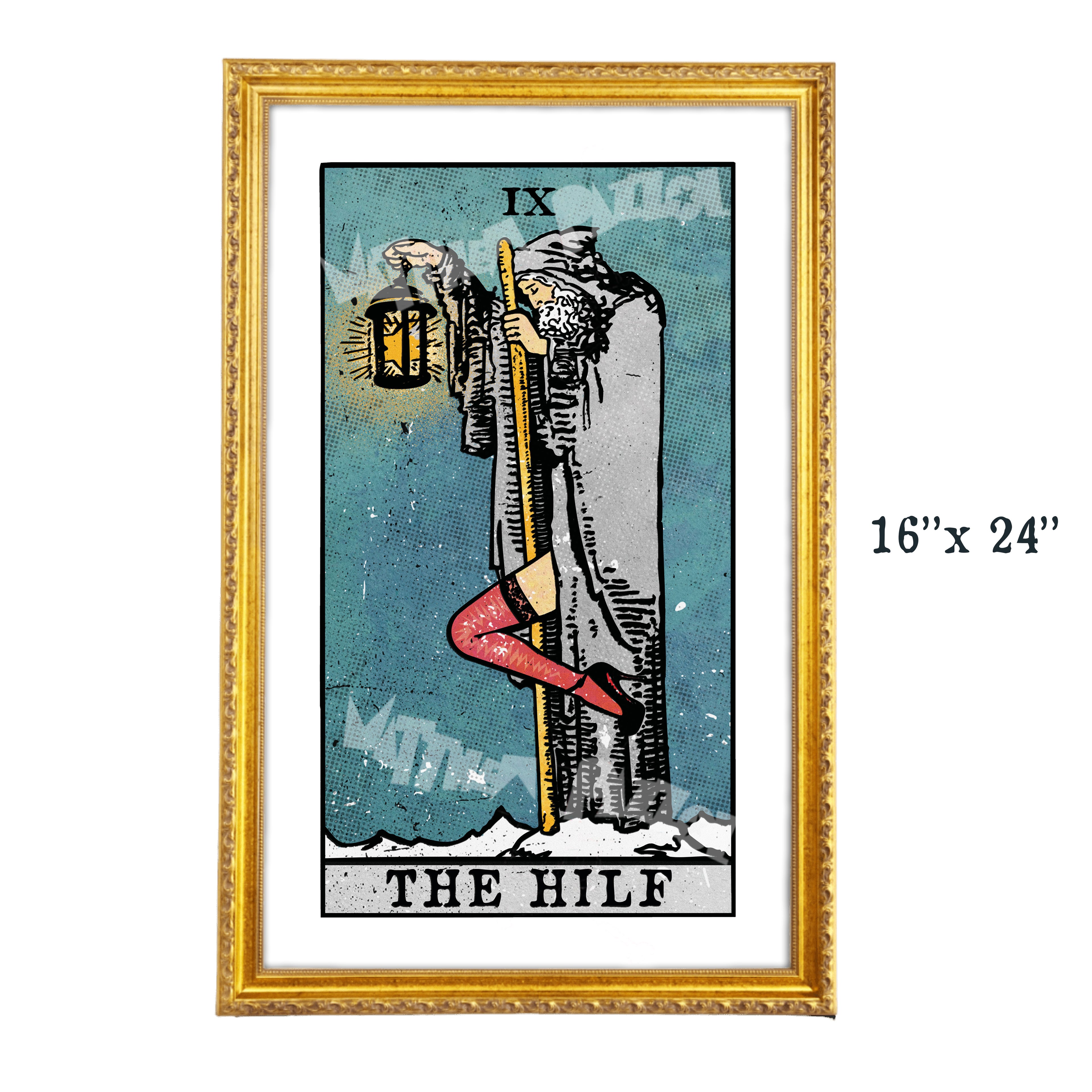 The Hilf tarot-inspired 16x24 fine art print by Matthew Pazzol, featuring a solitary figure, glowing lantern, fishnet stockings, and moody vintage-style colors.