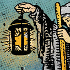 Close-up detail of The HILF tarot-inspired fine art print by Matthew Pazzol, featuring a glowing lantern, a solitary figure, and moody blue and gold textures.