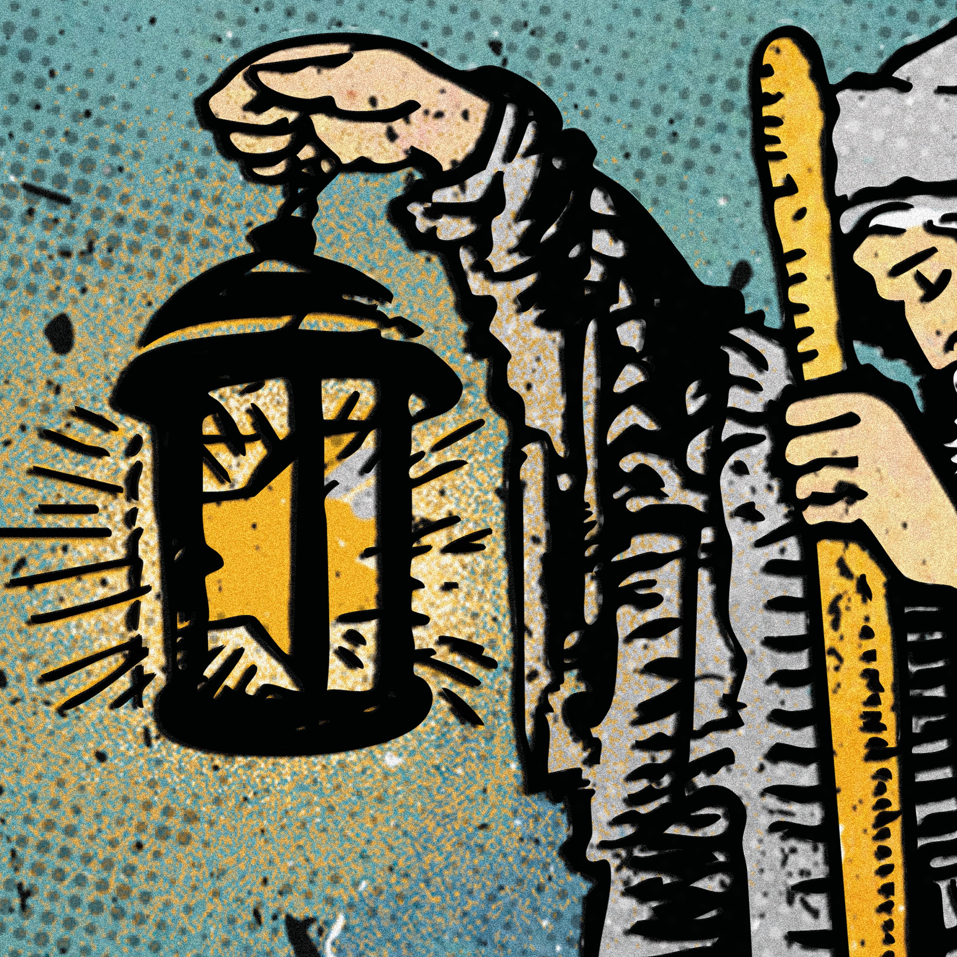 Close-up detail of The HILF tarot-inspired fine art print by Matthew Pazzol, featuring a glowing lantern, a solitary figure, and moody blue and gold textures.