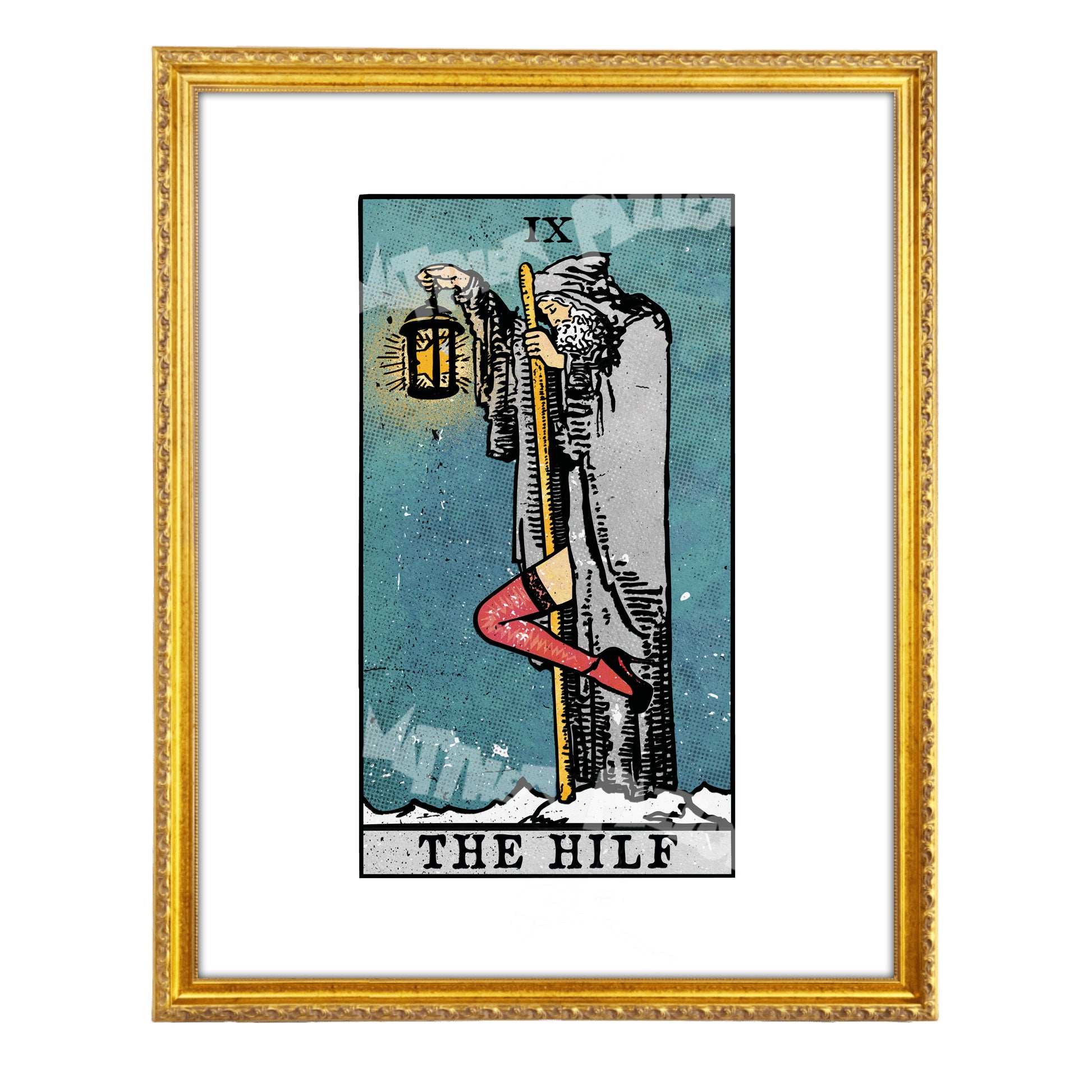 The Hilf tarot-inspired fine art print by Matthew Pazzol, featuring a solitary figure, a glowing lantern, fishnet stockings, and moody vintage-style colors.