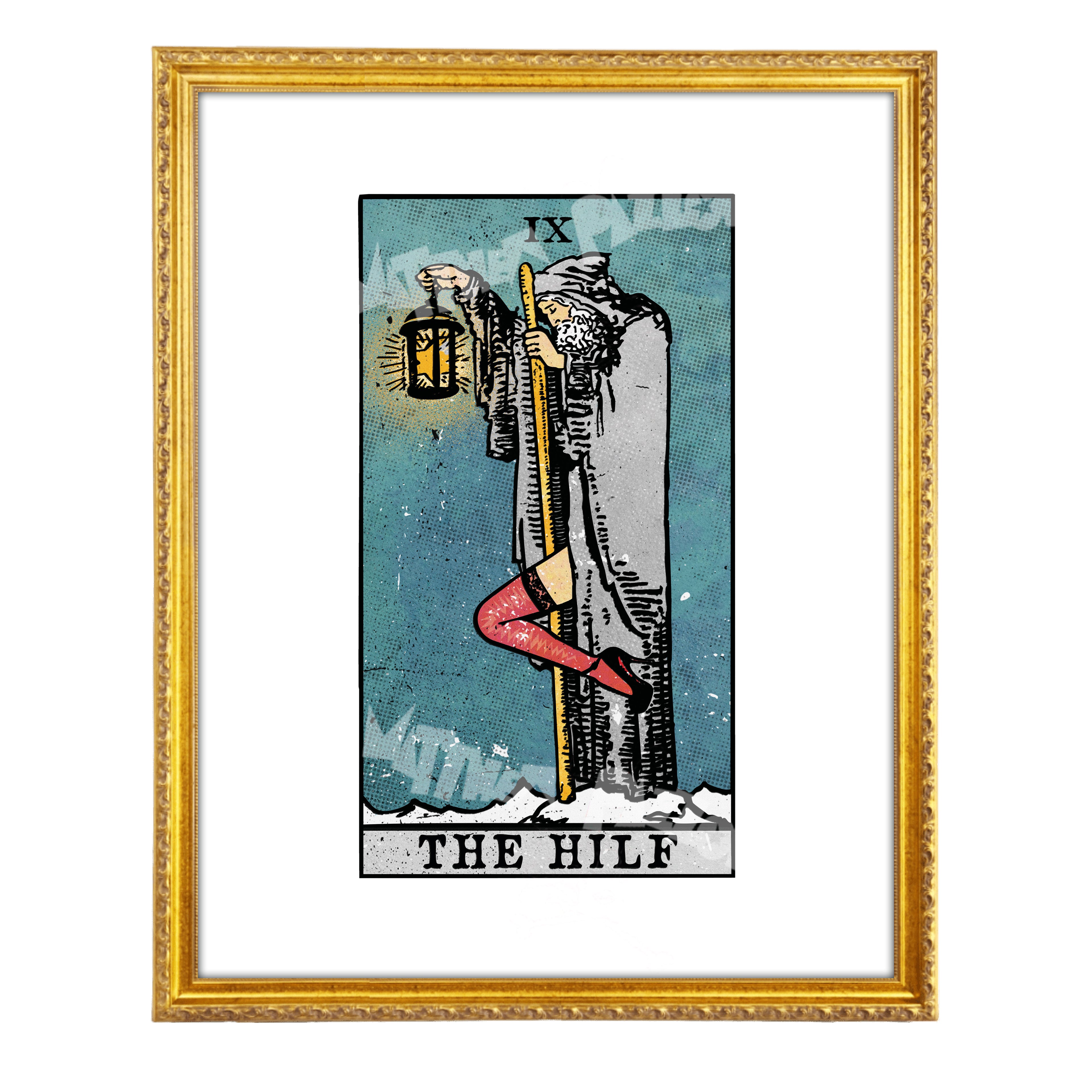The Hilf tarot-inspired fine art print by Matthew Pazzol, featuring a solitary figure, a glowing lantern, fishnet stockings, and moody vintage-style colors.