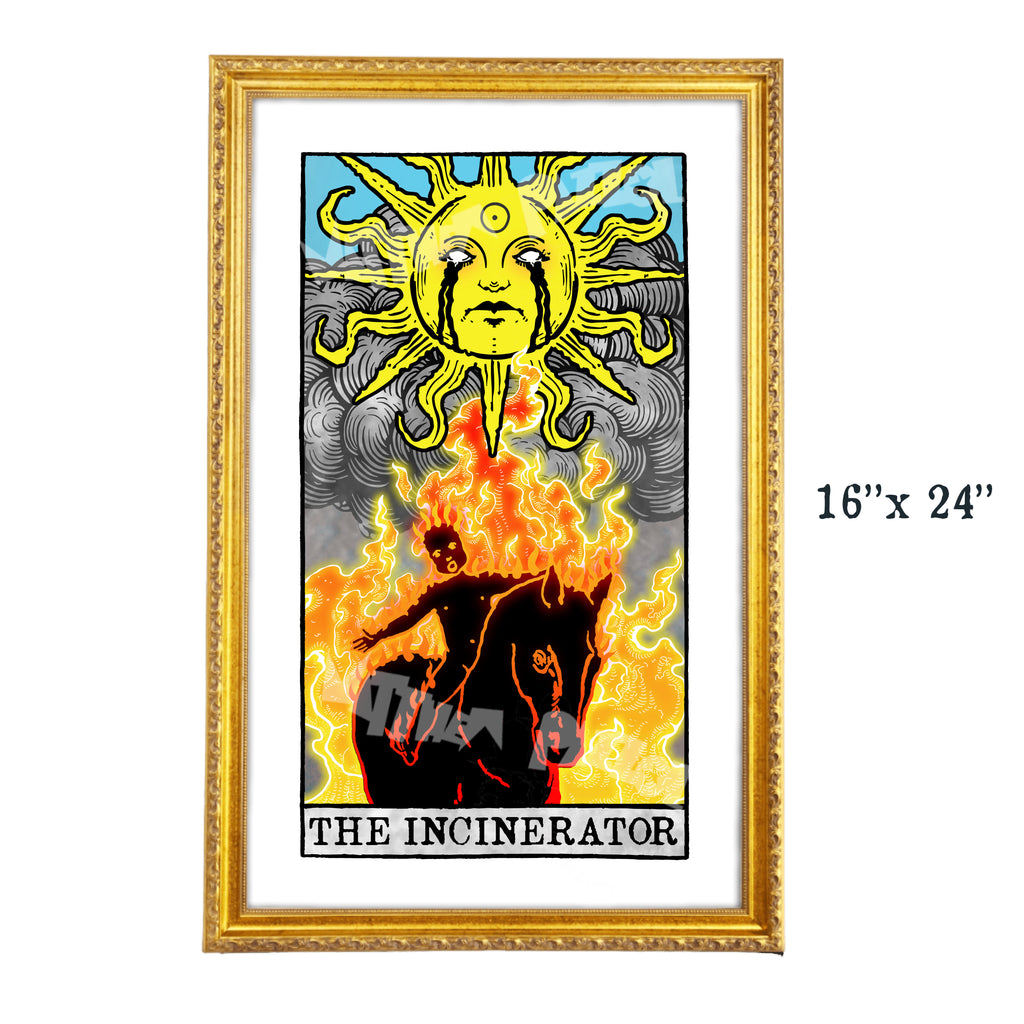 The Incinerator tarot-inspired 16x24 fine art print by Matthew Pazzol, featuring a giant sun with black tears above a figure engulfed in flames and smoke.