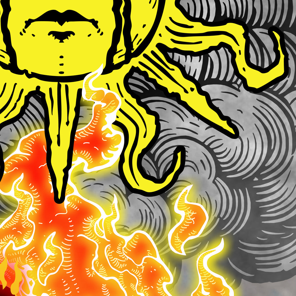 Close-up detail of The Incinerator tarot-inspired fine art print by Matthew Pazzol, featuring a yellow figure surrounded by glowing orange flames and swirling gray smoke.
