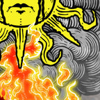 Close-up detail of The Incinerator tarot-inspired fine art print by Matthew Pazzol, featuring a yellow figure surrounded by glowing orange flames and swirling gray smoke.