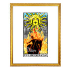 The Incinerator tarot-inspired fine art print by Matthew Pazzol, featuring a giant sun with black tears above a figure engulfed in flames and smoke.