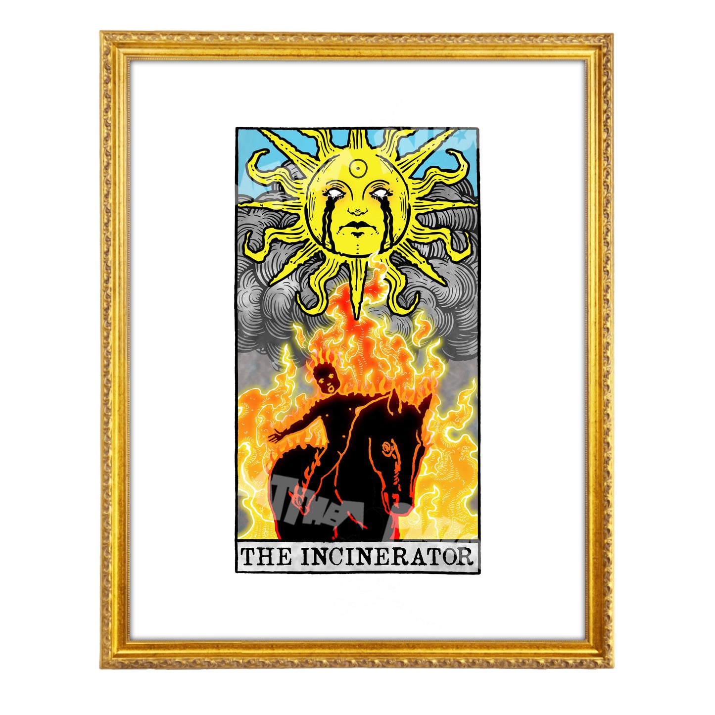 The Incinerator tarot-inspired fine art print by Matthew Pazzol, featuring a giant sun with black tears above a figure engulfed in flames and smoke.