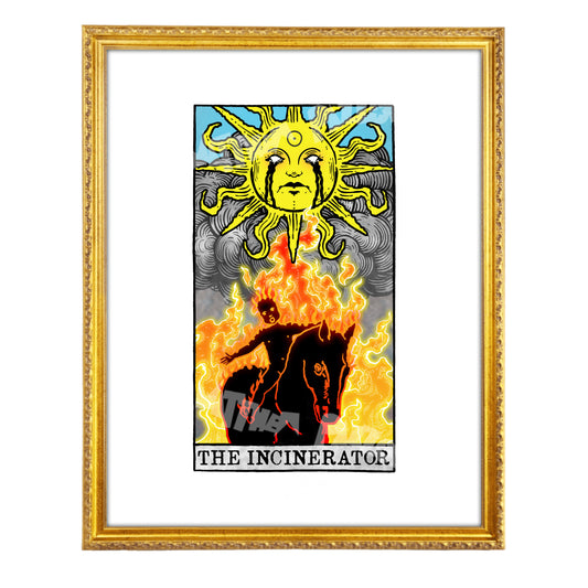 The Incinerator tarot-inspired fine art print by Matthew Pazzol, featuring a giant sun with black tears above a figure engulfed in flames and smoke.