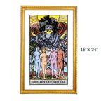 The Lovers’ Lovers tarot-inspired 16x24 fine art print by Matthew Pazzol, featuring four nude figures beneath a masked winged presence in bold vintage-style colors.