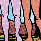 Close-up detail of The Lover’s Lovers tarot-inspired fine art print by Matthew Pazzol, featuring intertwined figures in colorful patterned stockings.