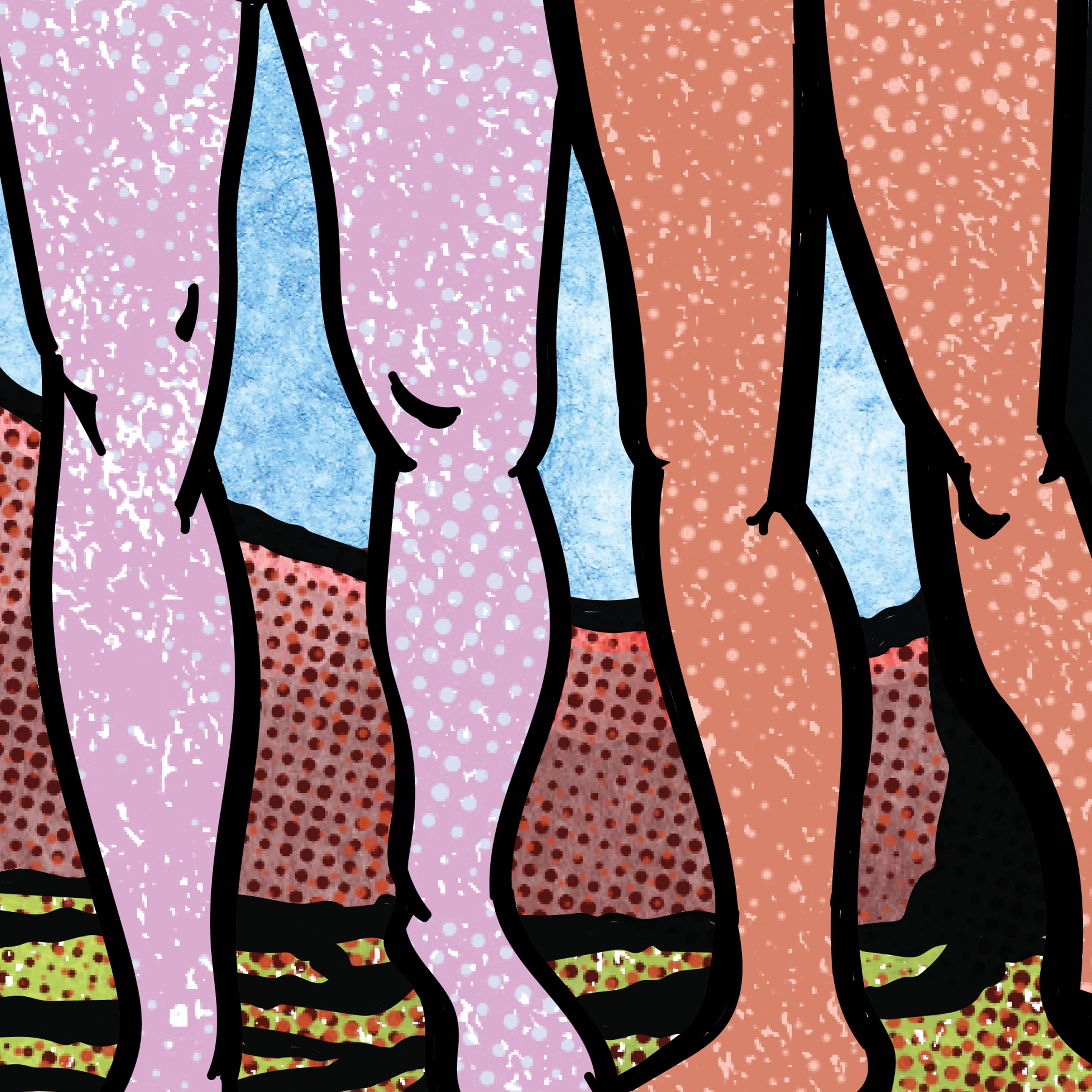 Close-up detail of The Lover’s Lovers tarot-inspired fine art print by Matthew Pazzol, featuring intertwined figures in colorful patterned stockings.
