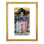 The Lovers’ Lovers tarot-inspired fine art print by Matthew Pazzol, featuring four nude figures beneath a masked winged figure in bold vintage-style colors.