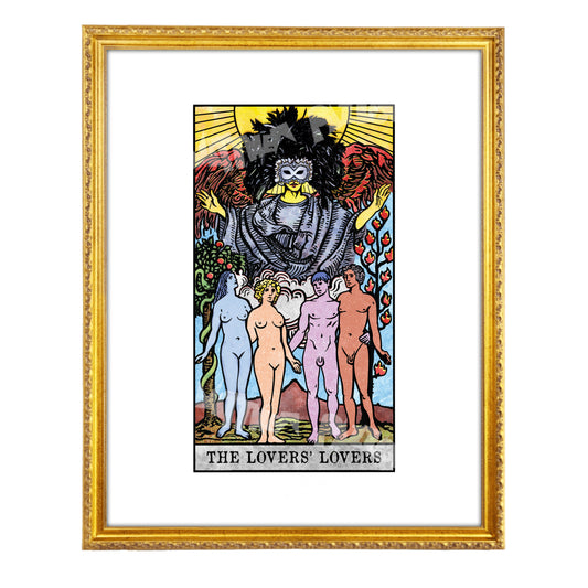 The Lovers’ Lovers tarot-inspired fine art print by Matthew Pazzol, featuring four nude figures beneath a masked winged figure in bold vintage-style colors.