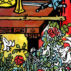 Close-up detail of The Magician tarot-inspired fine art print by Matthew Pazzol, featuring a wand, sword, pentacle, flowers, and white doves in a colorful pop-art scene.